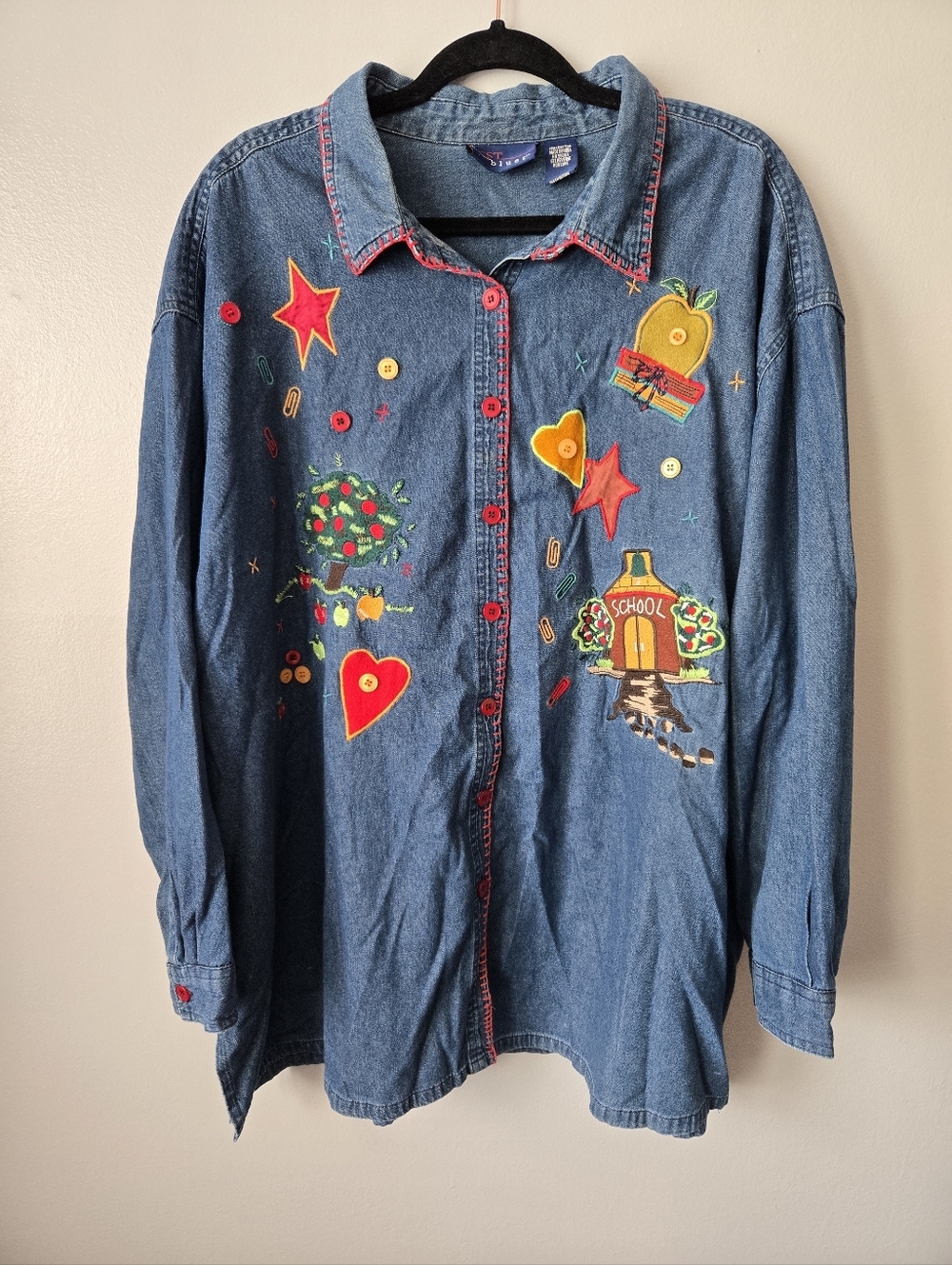 Vintage Denim Shirt with Colorful Embroidery Back To School Size 3X
